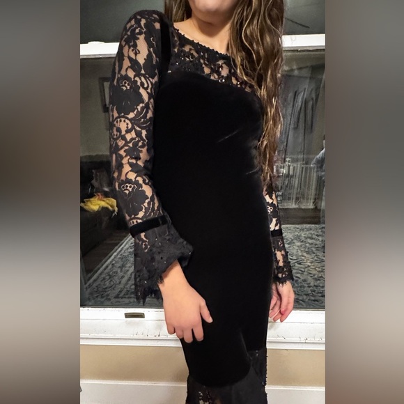 Tadashi Shoji Black Dress Size 2 Beading Velvet Trim 90s Lace Beading Embroidery - Picture 11 of 12